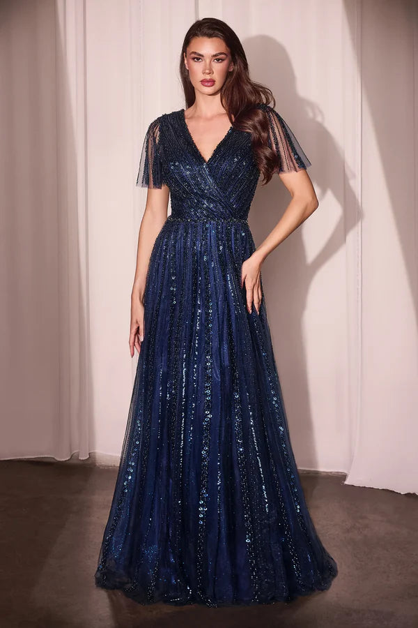 Charming Cinderella Divine Short Sleeve V back Floor-Length Prom Dresses