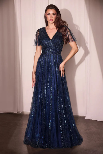 Charming Cinderella Divine Short Sleeve V back Floor-Length Prom Dresses