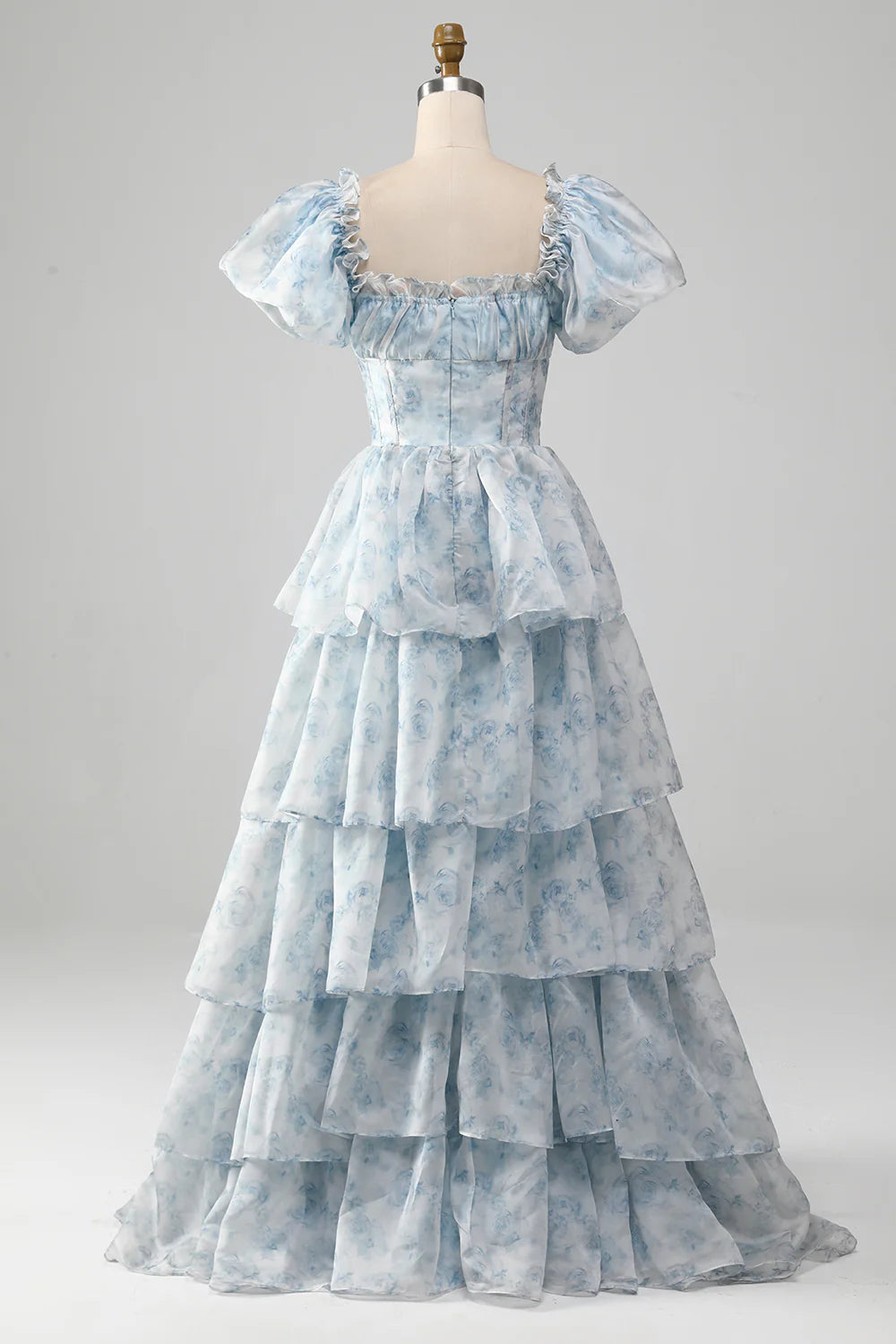 Vintage A Line Square Neck Light Blue Tiered Prom Dress with Ruffles
