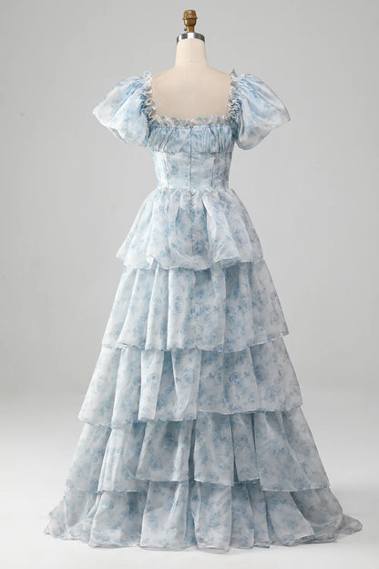 Vintage A Line Square Neck Light Blue Tiered Prom Dress with Ruffles