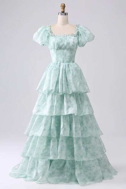 Vintage A Line Square Neck Light Blue Tiered Prom Dress with Ruffles