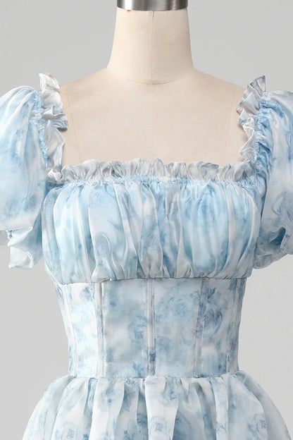 Vintage A Line Square Neck Light Blue Tiered Prom Dress with Ruffles