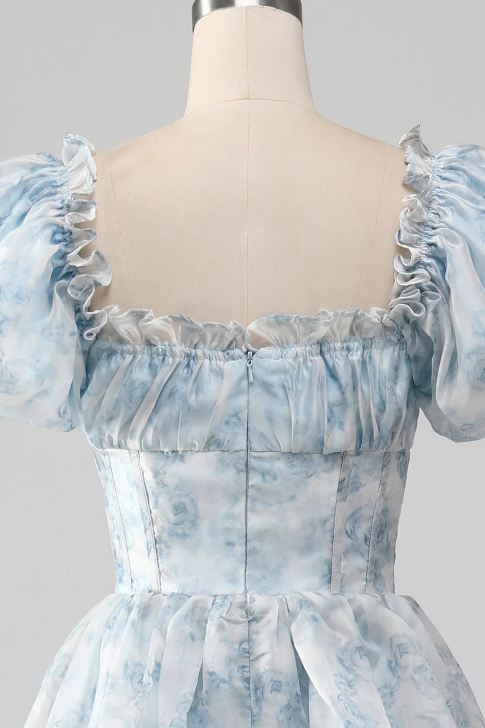 Vintage A Line Square Neck Light Blue Tiered Prom Dress with Ruffles
