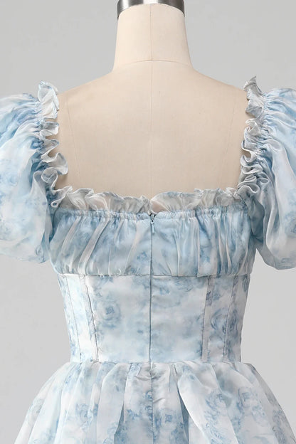 Vintage A Line Square Neck Light Blue Tiered Prom Dress with Ruffles