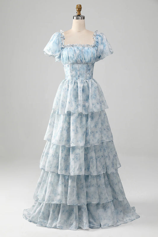 Vintage A Line Square Neck Light Blue Tiered Prom Dress with Ruffles