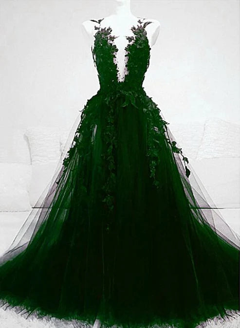 Artistic A line Green Tulle With Lace Deep Neckline Backless Prom Dress