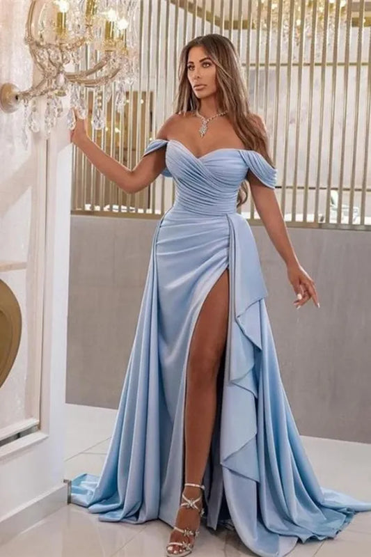 Elegant Long Off the Shoulder A-Line Sleeveless V-Neck Satin Prom Dresses with Slit