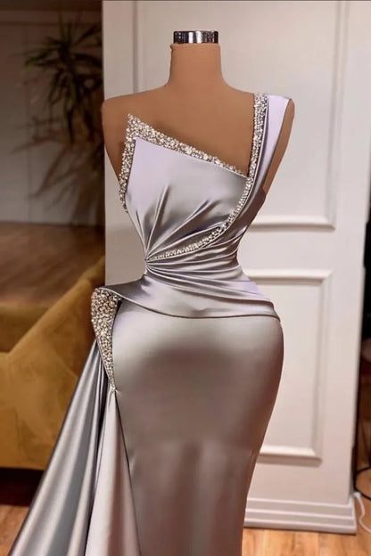 Charming Grey Long Mermaid Asymmetrical One Shoulder Satin Prom Dress with Ruffles