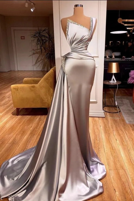 Charming Grey Long Mermaid Asymmetrical One Shoulder Satin Prom Dress with Ruffles