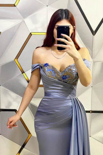 Elegant Long Mermaid Off the Shoulder Sweetheart Floor Length Satin Prom Dress with Ruffles