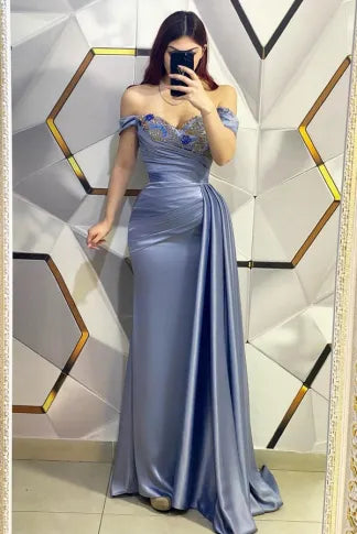 Elegant Long Mermaid Off the Shoulder Sweetheart Floor Length Satin Prom Dress with Ruffles