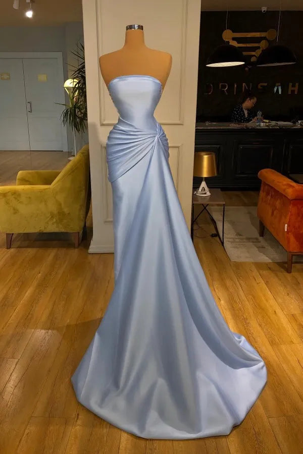 Modern Sky Blue Long Mermaid Strapless Sleevelss Satin Prom Dress with Ruffles