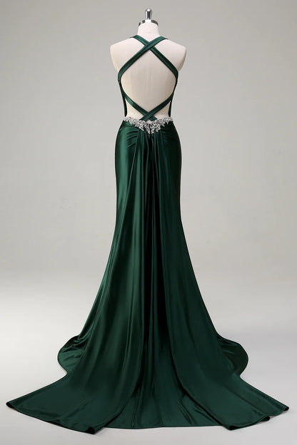 Elegant Sparkly Dark Green Mermaid Halter Corset Sequin Prom Dress
