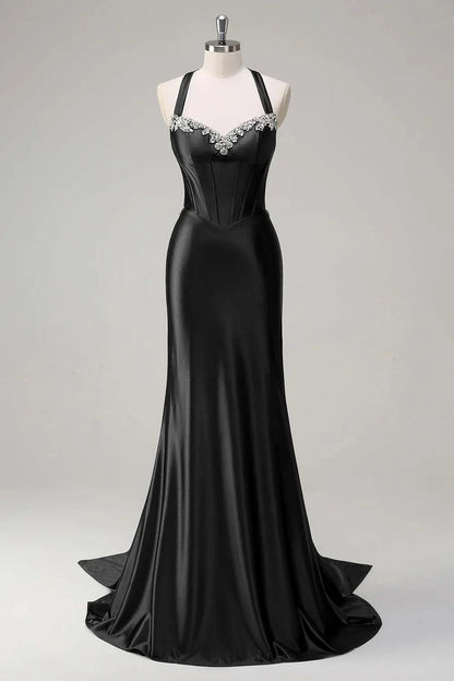Elegant Sparkly Dark Green Mermaid Halter Corset Sequin Prom Dress