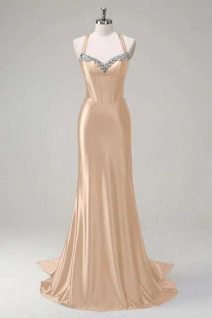 Elegant Sparkly Dark Green Mermaid Halter Corset Sequin Prom Dress
