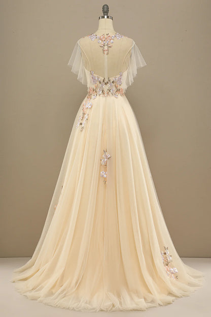Romantic Yellow Long Prom Dress With Appliques