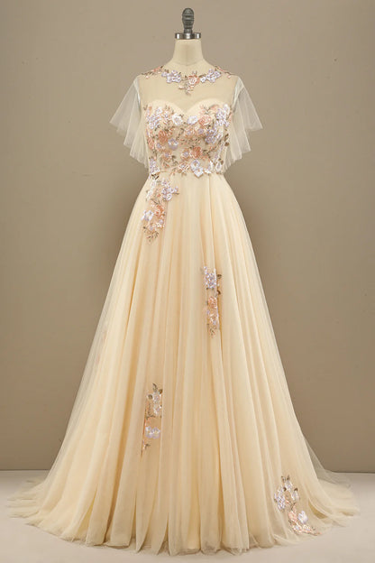 Romantic Yellow Long Prom Dress With Appliques