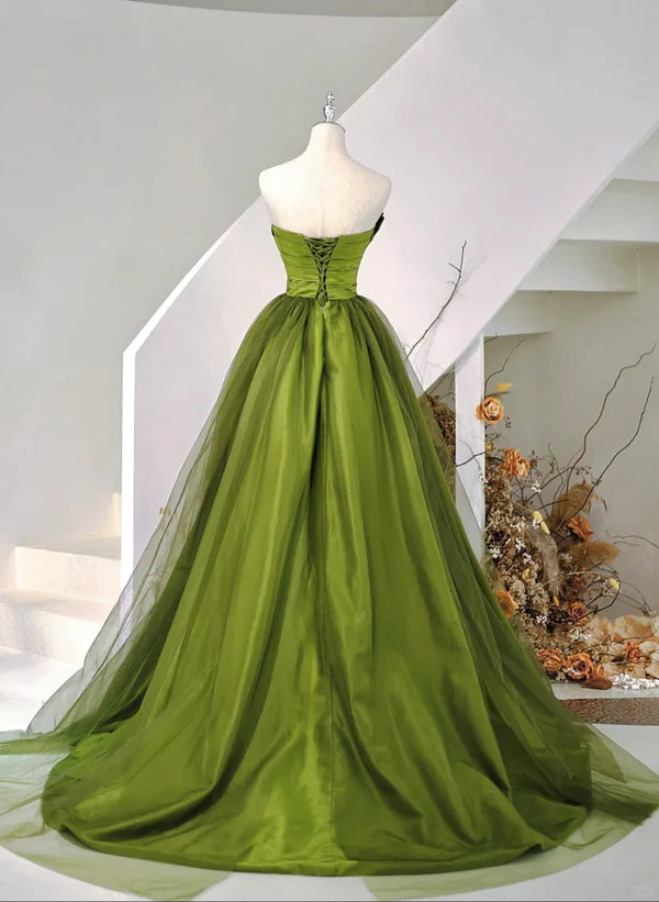 A-Line Princess Ballgown Green Satin and Tulle Sweetheart Long Party Dress Prom Dress