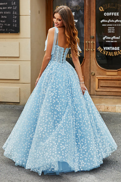 Romantic Spaghetti Straps Sky Blue A-Line Corset Prom Dress with Florals