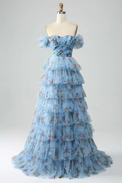Gorgeous A Line Off the Shoulder Lavender Printed Long Prom Dress with Ruffles