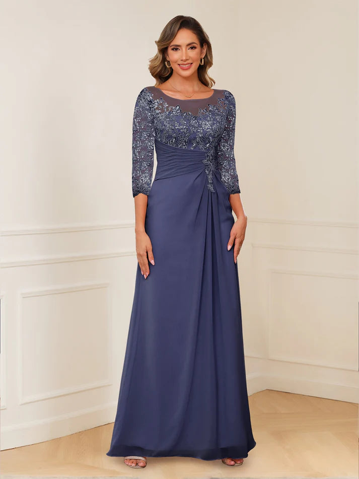 A-Line/Princess Illusion Scoop Appliques Ruched Mother of the Bride Dresses with Cape