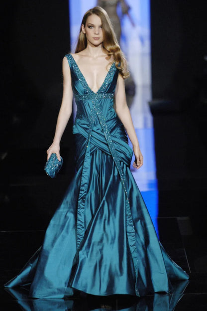 Dark Blue Classy Mermaid V Neck Sexy Beaded Satin Long Prom Dress Evening Dress