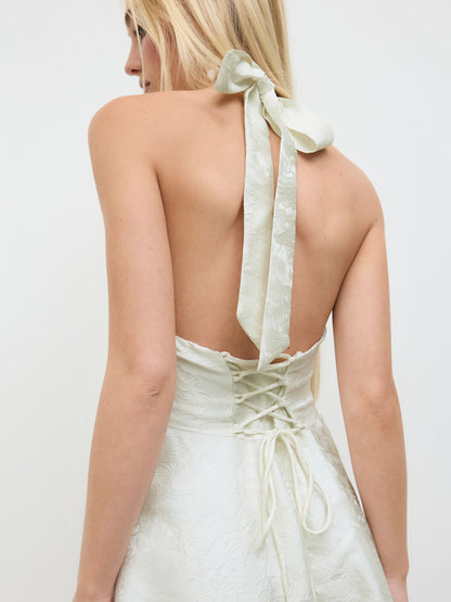 Chic Jacquard Halter Sleeveless Neckline Floral Lace Up Maxi Dress
