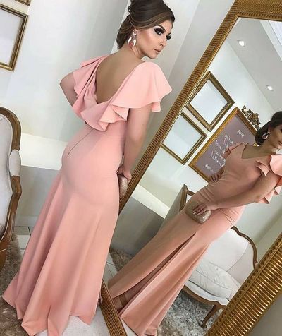 Soft Gorgeous Sheath V-Neck Ruffled Sleeves Split Pink Long Prom Dresses Evenign Dress