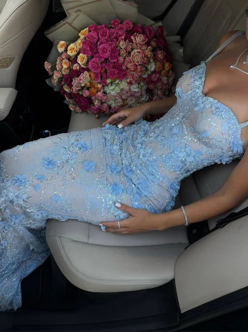 Gorgeous Mermaid Spaghetti Straps Satin Applique Long Prom Dress Formal Dress