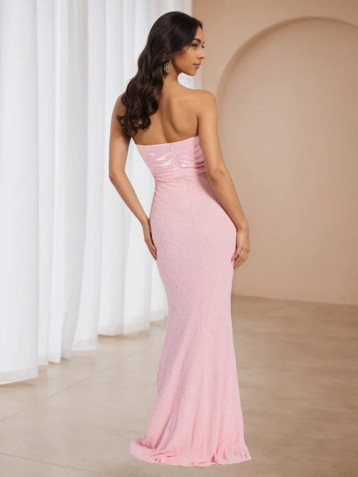 Elegant Strapless Candy Pink Pleats Sweep Train Wedding Guest Dress Prom Dress