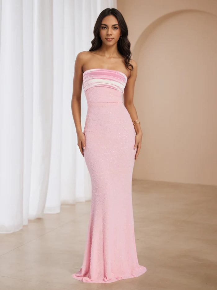 Elegant Strapless Candy Pink Pleats Sweep Train Wedding Guest Dress Prom Dress