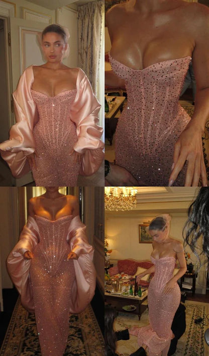 Classy Sheath Strapless Sequin Floor Length Pink Slit Prom Dresses Prom Gowns