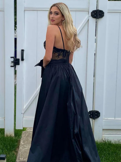 Sexy Black Lace V-neck Spaghetti Strap Side Slit  Backless Long Prom Party Dress