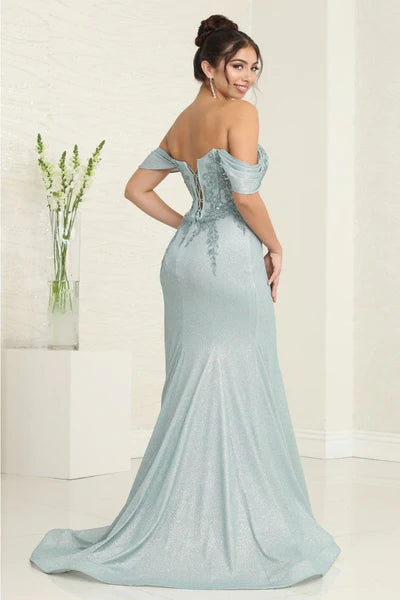Sparkle Off the Shoulder Draped Appliques Sleeves Corset Brush Train Prom Dress