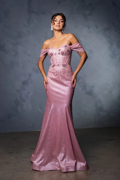 Sparkle Off the Shoulder Draped Appliques Sleeves Corset Brush Train Prom Dress