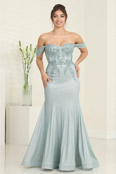 Sparkle Off the Shoulder Draped Appliques Sleeves Corset Brush Train Prom Dress