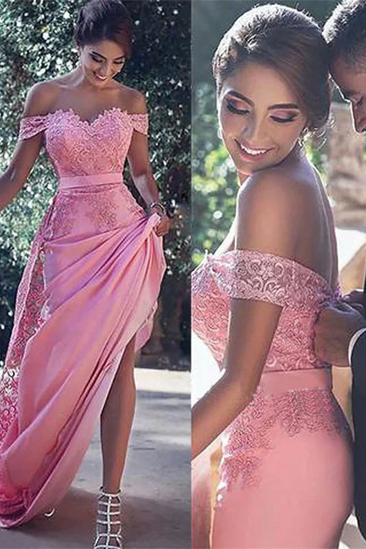 Elegant Pink Off-the-Shoulder Appliques Prom Dress