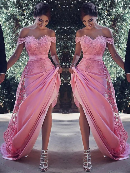 Elegant Pink Off-the-Shoulder Appliques Prom Dress