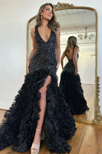 Chic Sequin Black Mermaid V-Neck Long Prom Dress With Slit And Ruffles