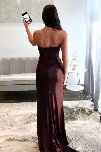 Chic Mermaid Strapless Long Brown Metallic Prom Dress with Leg Slit