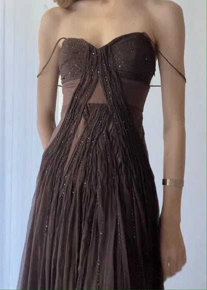 Vintage A Line Straps Floor Length Brown Prom Dresses