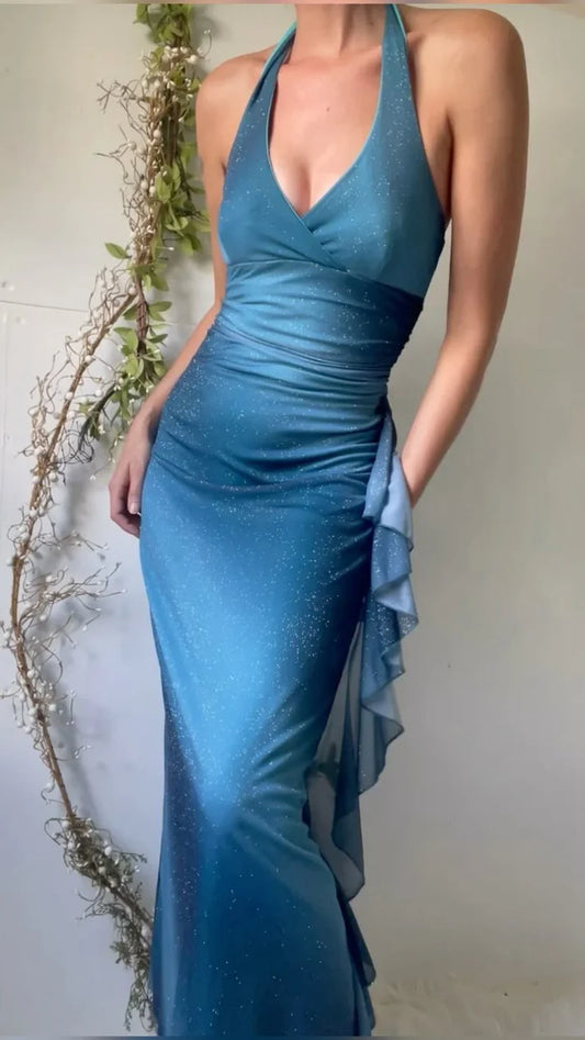 Sexy Blue Party Dresses Halter V-neck Ruffle Chiffon Prom Dress