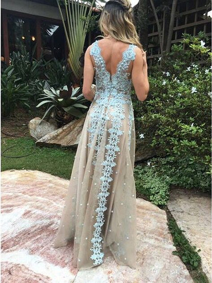 Chic Nude Tulle Blue Applique A-line Sleeveless  Prom Dresses