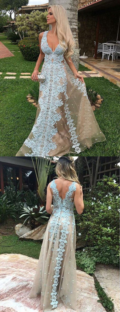 Chic Nude Tulle Blue Applique A-line Sleeveless  Prom Dresses
