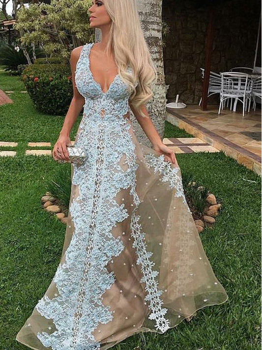 Chic Nude Tulle Blue Applique A-line Sleeveless  Prom Dresses