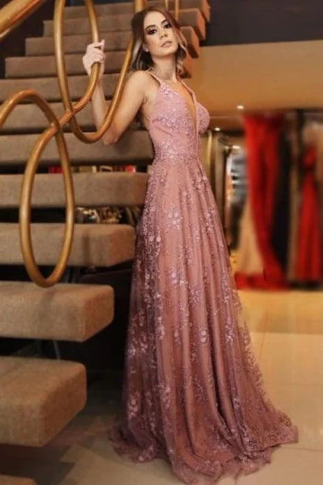Sexy Long Lace Prom Dress A Line Deep V Neck Sleeveless Formal Dresses