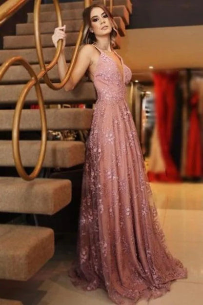 Sexy Long Lace Prom Dress A Line Deep V Neck Sleeveless Formal Dresses