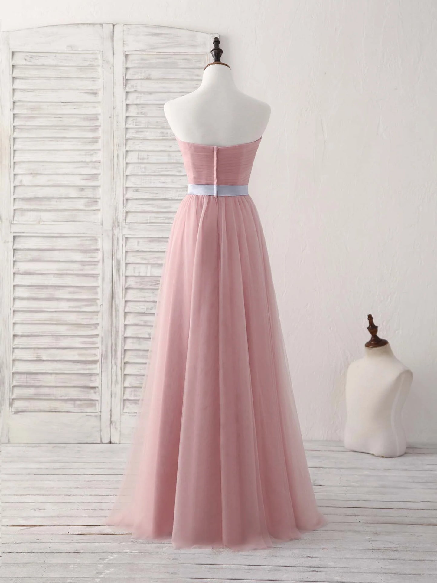 A-Line Pink Sweetheart Neck Tulle Long Prom Dress Bridesmaid Dress