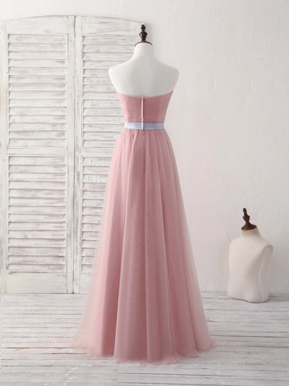 A-Line Pink Sweetheart Neck Tulle Long Prom Dress Bridesmaid Dress