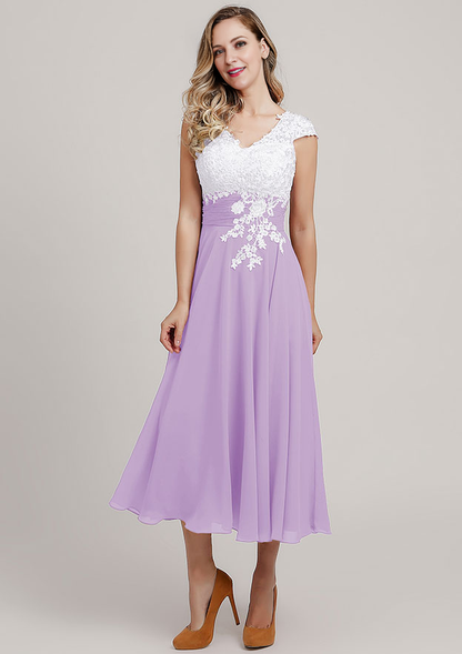 Chiffon Mother of the Bride Dress A-line/Princess V Neck Short Sleeve Tea-Length With Lace